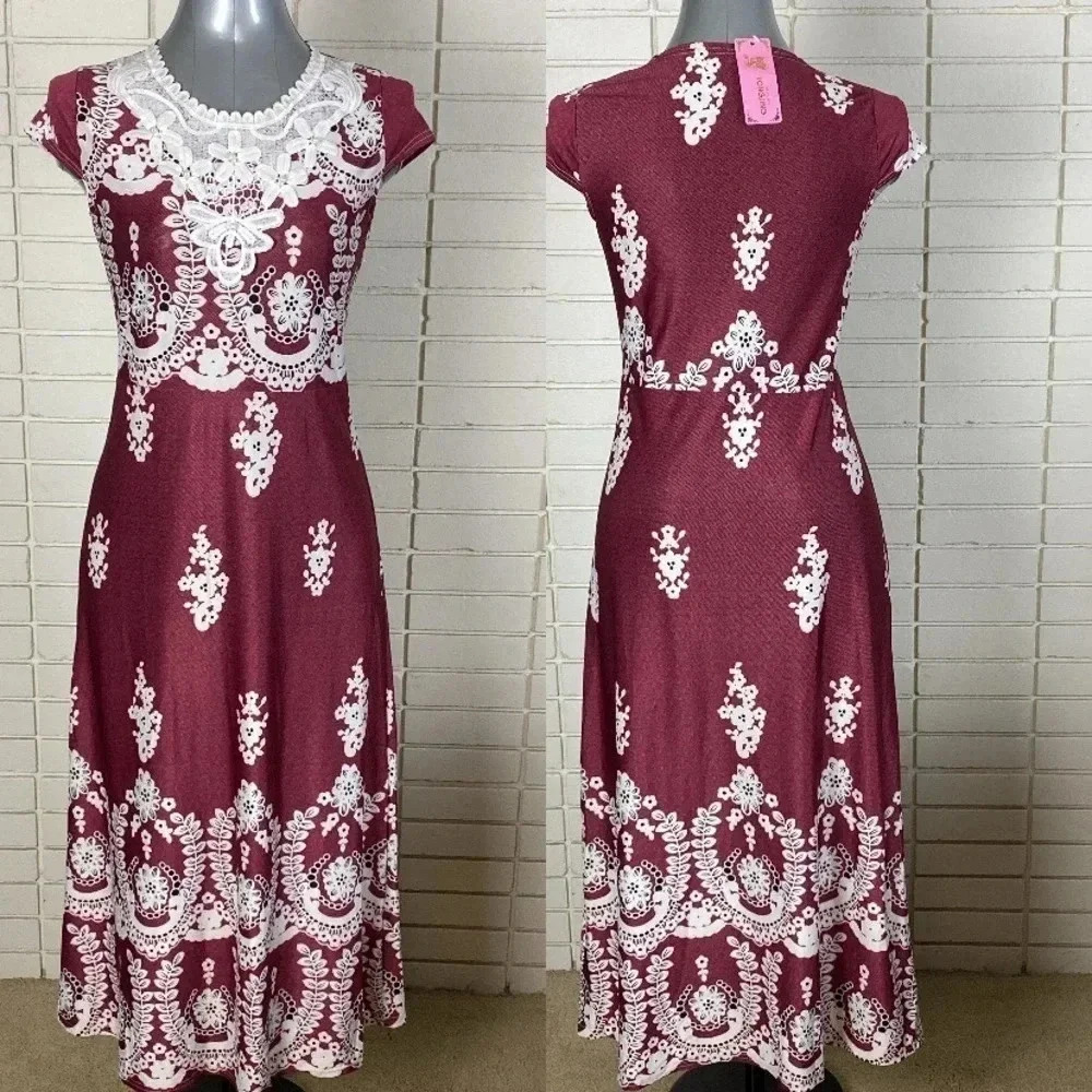 NWT burgundy floral lace print maximalist maxi feminine shift dress medium - Picture 1 of 12